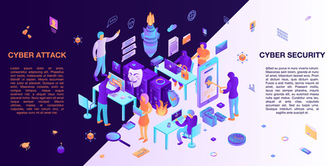 Poster - Cyber attack virus concept banner. Isometric illustration of cyber attack virus vector concept banner for web design