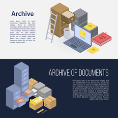 Poster - Archive file banner set. Isometric set of archive file vector banner for web design