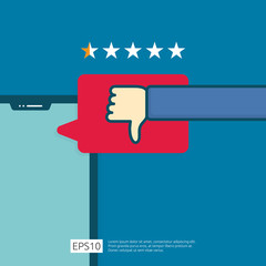 Poster - bad one star review concept. dislike bubble message symbol on phone screen media. hand thumbs down button logo icon. Social network flat design style banner concept vector illustration