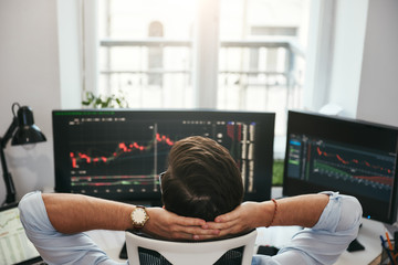Poster - Time to relax. Back view of young businessman or trader holding hands behind head while looking at charts and financial data on computers in his modern office.