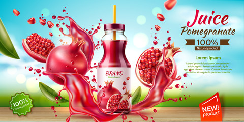 Wall Mural - Realistic pomegranate juice package advertising design with bottle on table with fruits green leaves on juice splash explosion, natural scenery background. Vector juicy fruit flow for product design