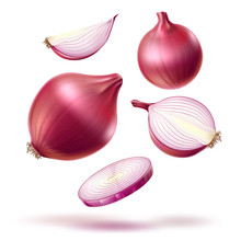 Realistic Red Onion Whole Bulb, Slices Mix. Fresh Natural Food For Product Package, Menu Design. Vector Ripe Sliced Onion For Healthy Cooking. Natural And Vegetarian Dieting.