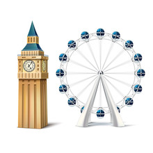 Vector Realistic Ferris Wheel London Eye Big Ben