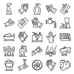 Sticker - Sanitation icons set. Outline set of sanitation vector icons for web design isolated on white background