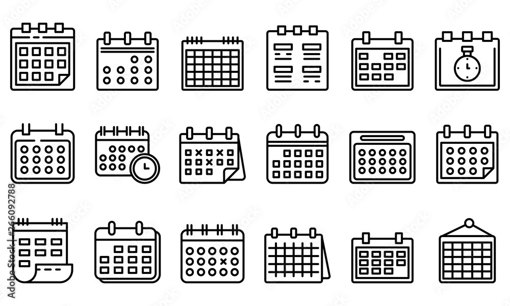 Calendar icons set. Outline set of calendar vector icons for web design isolated on white background - obrazy, fototapety, plakaty 