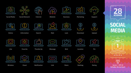 Wall Mural - Social media network editable stroke color outline icon set part 1 on a black background with global internet website, digital business and marketing technology, web support line pictogram.