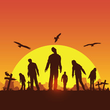Silhouette Of Zombies Walking At Graveyard, Vector Illustration