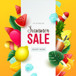 Summer sale background with tropical fruits, cocktails and sweets. Vector illustration.