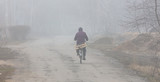 Fototapeta  - A man riding a bike on the road in the fog
