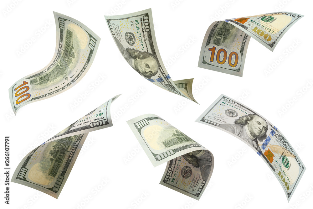Set of flying 100 dollars banknotes, isolated on white background - obrazy, fototapety, plakaty 