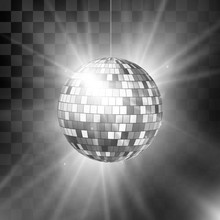 Disco Ball With Bright Rays And Bokeh. Music And Dance Night Party Background. Abstract Night Club Retro Background 80s And 90s. Vector Illustration Isolated On Transparent Background