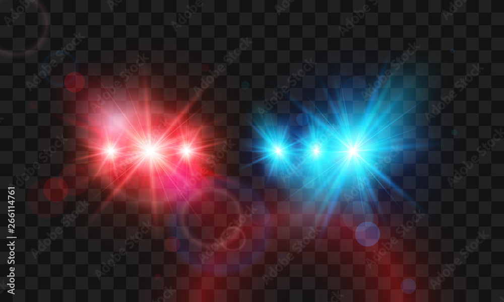 Template flash red and blue light police car siren. Vector illustration isolated on transparent background - obrazy, fototapety, plakaty 