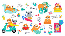 Summer Fun Illustration With Cute Characters Of Koalas And Sloths, Having Fun. Pool, Sea And Beach Summer Activities, Concept Vector Illustrations