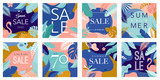 Fototapeta  - Summer Sale poster with tropic leaves and flamingo, banner and background in modern flat style. Vector illustration