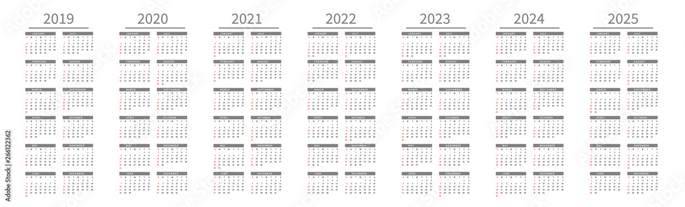 Mockup Simple calendar Layout for 2019 to 2025 years. Week starts from Sunday - obrazy, fototapety, plakaty 