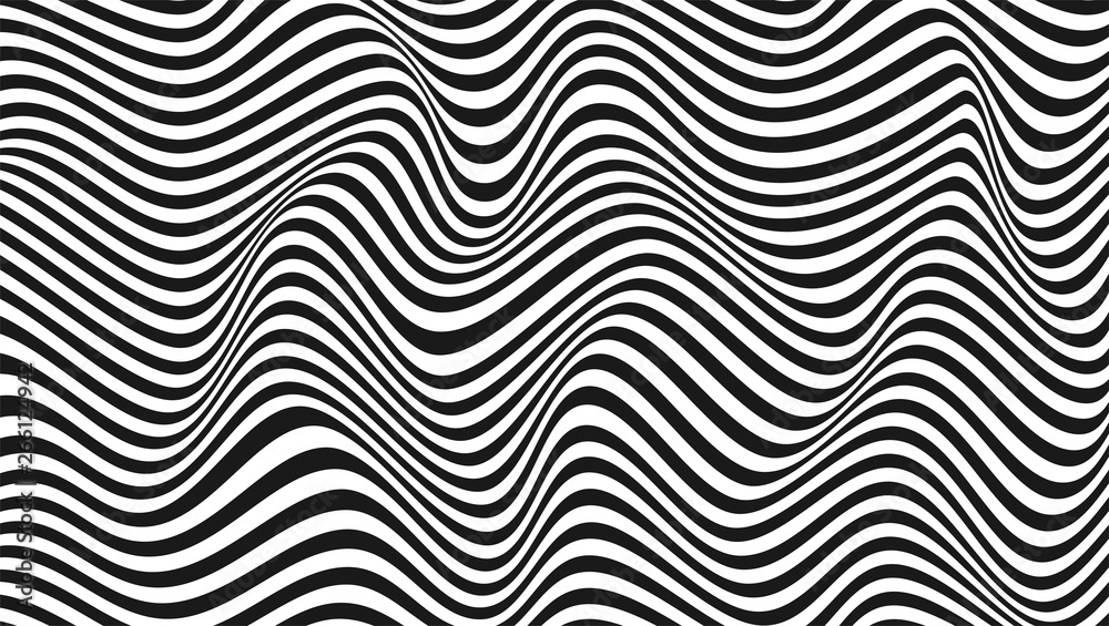 Abstract wavy twisted background. Pattern from lines, halftone effect. Black and white modern art texture. Minimalistic design, layout for poster, banner, business cards, cover, postcard, stickers - obrazy, fototapety, plakaty 