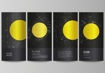 Poster - The minimalistic vector illustration of the editable layout of flyer, banner design templates. Science or technology 3d background with dynamic particles. Chemistry and science concept.