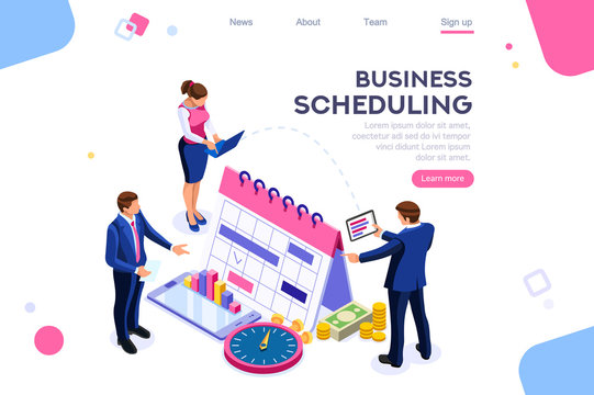 Business tasks schedule week. Clock, blackboard, computer graphic. Task background, flat color icons, creative illustrations, isometric infographic images, web banner - Vector