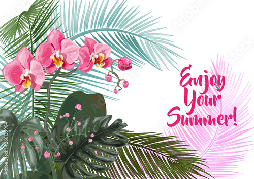 Templates for vacation invitation, horizontal cards: red Phalaenopsis orchid ...