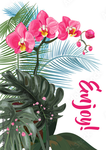 Templates for vacation invitation, vertical cards: red Phalaenopsis orchid fl...
