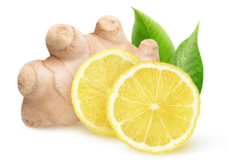 Aufkleber - Isolated ginger and lemon pieces. Natural medicine, antiflu ingredients isolated on white background with clipping path