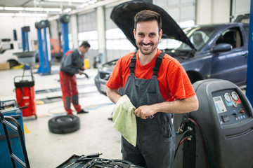 Wall Mural - Car mechanic working at automotive service center