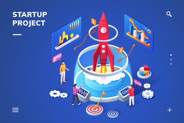 Aufkleber - Isometric landing page for startup project. Banner for new product concept. Isometry view on 3d sign for start up. Rocket as symbol for business or idea launch. Spaceship for innovation company