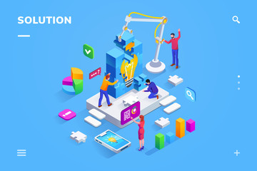 Aufkleber - Isometric view on teamwork at finding business solution. Team of people set up puzzle of lamp and analyzing flat chart. Management communication or brainstorming, office marketing. Cloud web service