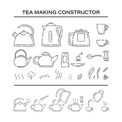 Cooking brew tea procedure constructor set icons. How to make hot drink teapot and boil in the kettle water vector line art sketch black white isolated illustration.