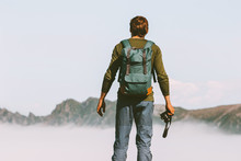Man Photographer Traveling In Mountains Adventure Lifestyle Leisure Weekend Hillwalking Outdoor With Backpack