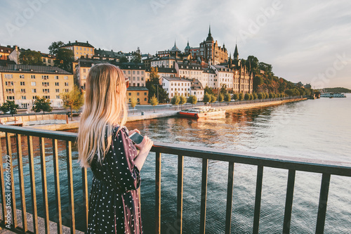 Tourist woman sightseeing Stockholm city enjoying view traveling lifestyle summe Canvas Print