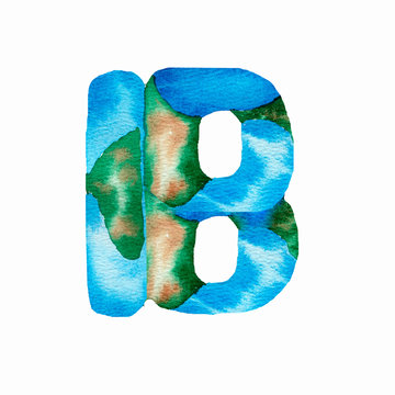 Watercolor hand painted  alphabet letter B imitating the earth and  blue ocean.Lettering element isolated on white.