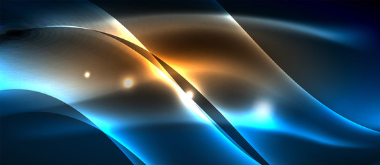 Glowing abstract wave on dark, shiny motion, magic space light. Techno abstract background