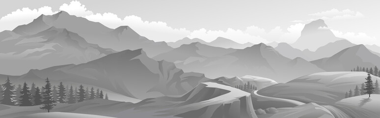Wall Mural - the peaks among the skies with a landscape of mountains, hills and a river