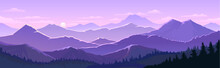 Violet Skies And The Vast Mountain Lands With Trees, Forests.