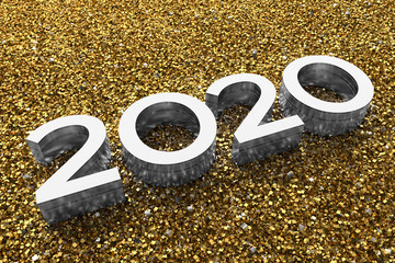 Poster - 3d rendering illustration. Metal title 2020. Abstract background with year number.