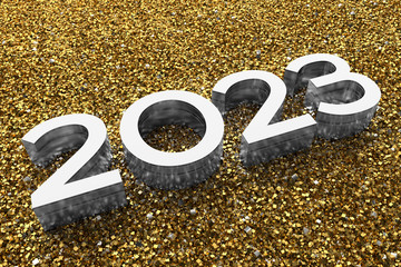 Poster - 3d rendering illustration. Metal 2023 title. Abstract background with year number.