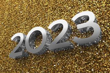 Poster - 3d rendering illustration. Metal 2023 title. Abstract background with year number.
