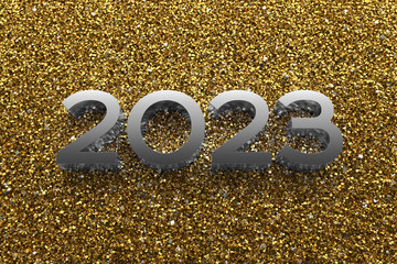 Poster - 3d rendering illustration. Metal 2023 title. Abstract background with year number.