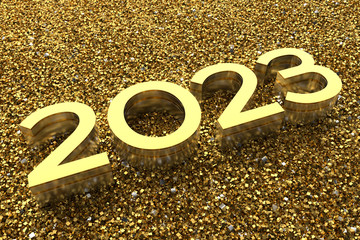 Poster - 3d rendering illustration. Metal 2023 title. Abstract background with year number.