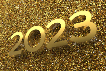 Poster - 3d rendering illustration. Metal 2023 title. Abstract background with year number.