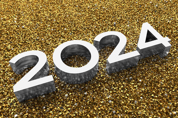Poster - 3d rendering illustration. Metal 2024 title. Abstract background with year number.