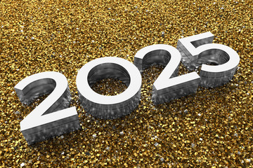 Poster - 3d rendering illustration. Metal 2025 title. Abstract background with year number.