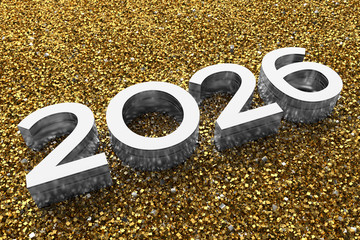 Poster - 3d rendering illustration. Metal 2026 title. Abstract background with year number.
