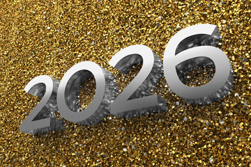Poster - 3d rendering illustration. Metal 2026 title. Abstract background with year number.