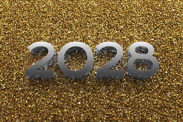 Poster - 3d rendering illustration. Metal 2028 title. Abstract background with year number.