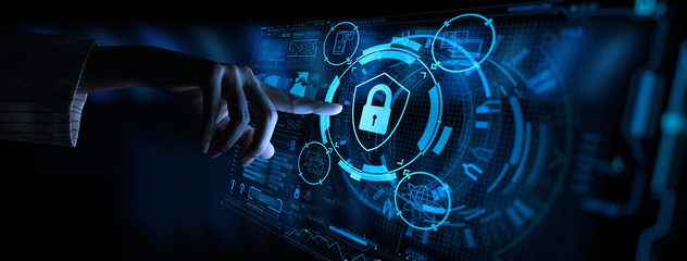 Leinwandbilder - Data protection Cyber Security Privacy Business with Woman hand pointing with UI.Internet Technology Concept.