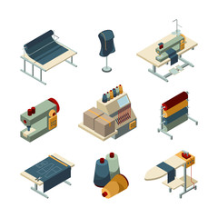 Poster - sewing isometric. garment embroidery production textile manufacturing vector pictures set. illustrat