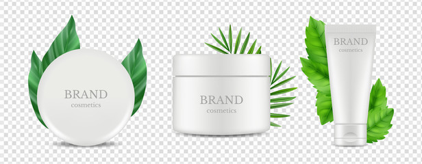 Sticker - Vector organic cosmetics tube and tube boxes with green leaves vector isolated on transparent background. Illustration of beauty cream moisturizer, package product box, container cosmetic