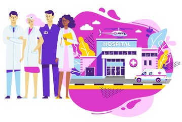 Medical concept with group of young doctors and hospital building in flat style. Panoramic background with team of medicine staff, clinic, ambulance car and helicopter. Consultation and medical examin